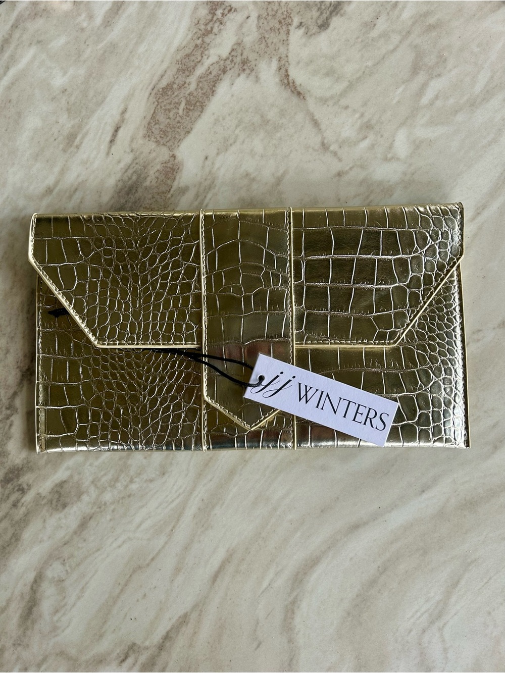 JJ Winters Nikki Gold Croc Envelope Clutch Metallic Vegan Leather Bag